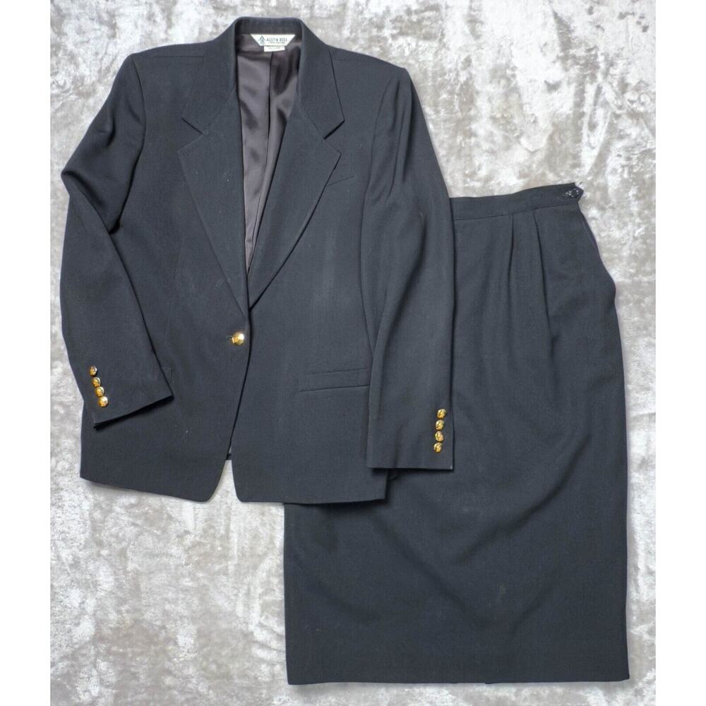 Austin Reed Black Wool Gold Two Button Blazer Matching Skirt Suit Womens 12